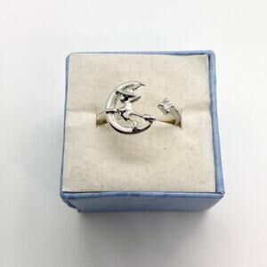 Adjustable Silver Tone Crescent Moon Witch Ring with CZ Stone